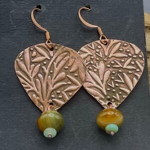 Copper Leaf Pattern Earrings with Beads